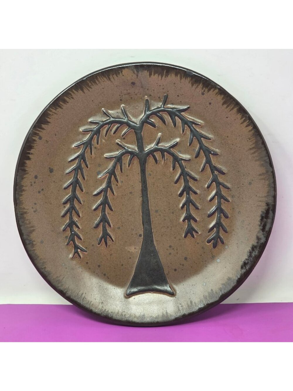 Handcrafted Stoneware Plate Willow Tree Brown & Black Diameter Signed By Artist